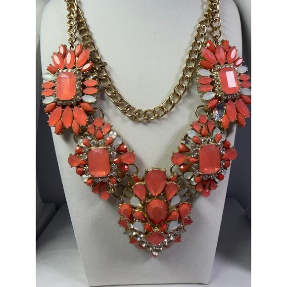 3 pink coral statement bib flower floral bling enamel necklaces bundle lot - Picture 3 of 16